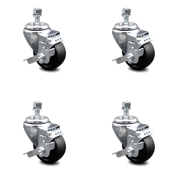3.5 Inch Soft Rubber Wheel Swivel 10mm Threaded Stem Caster Set with Brake